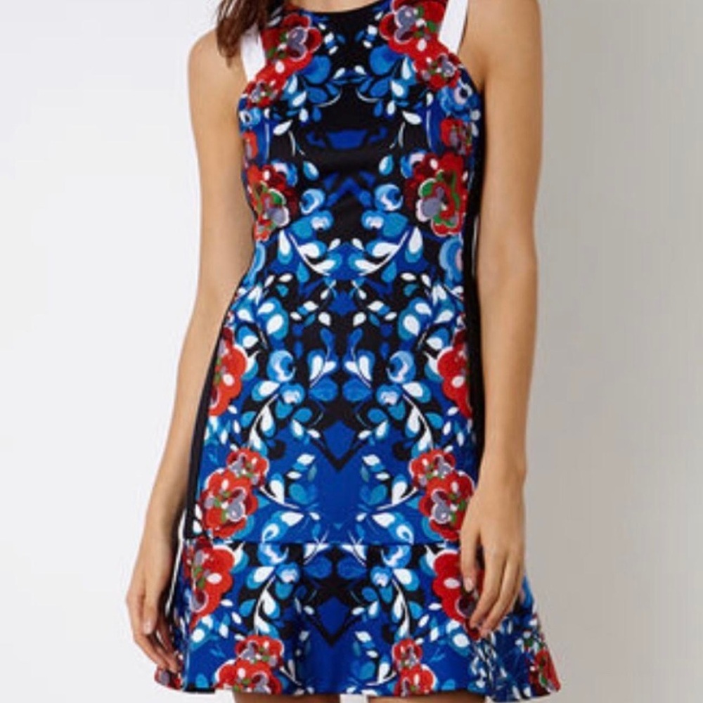 Karen Millen Blue Red Floral Stretch Cocktail Dress Size 6 - Picture 3 of 5